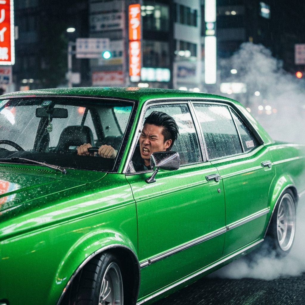 夜の東京ストリートを走行するカスタムドリフトカー